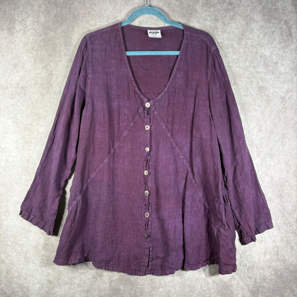 California Threads Tunic Large Purple Linen Button Front Boho Lagenlook Coastal